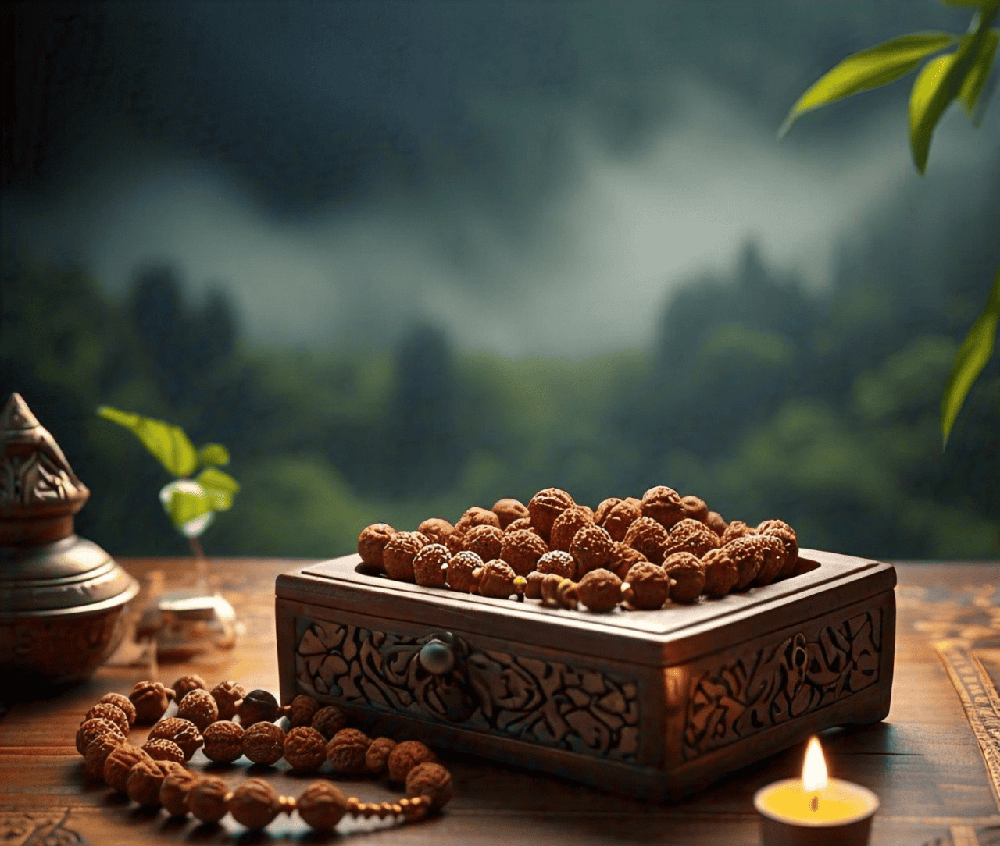 A calming meditation setup featuring Rudraksha beads, candles, and a peaceful environment